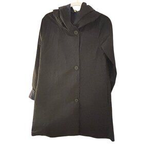 Eileen Fisher Womens Hooded Black Blue Reversible Button-Up Coat Sz XS